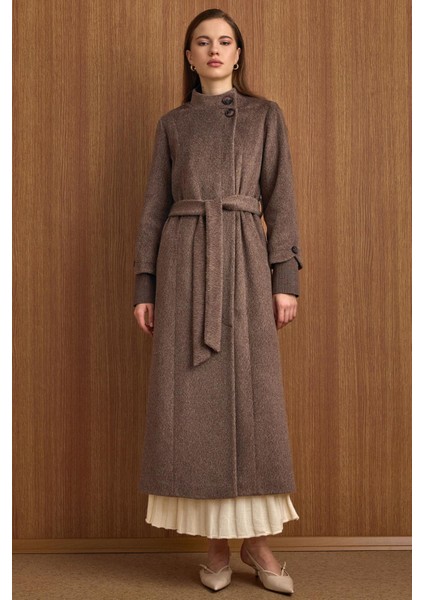 Hakim Yaka Ribana Detaylı Uzun Moher Kaban Latte 3160