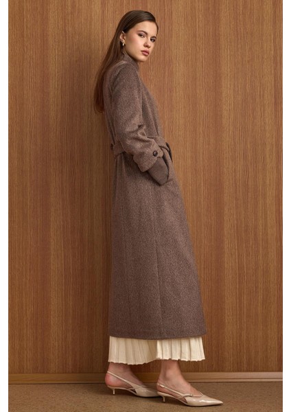 Hakim Yaka Ribana Detaylı Uzun Moher Kaban Latte 3160