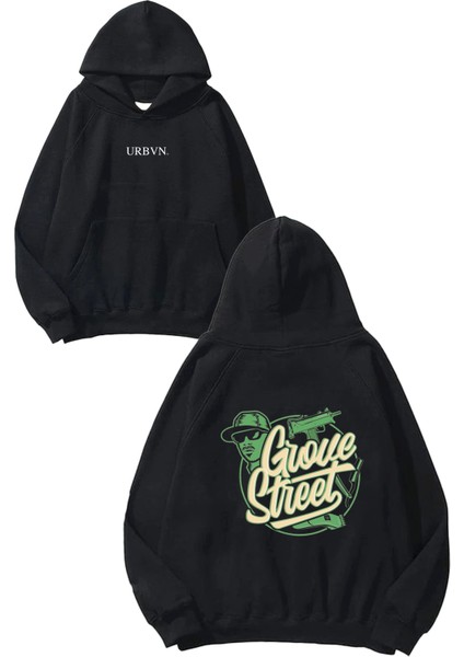 Grove Street Tasarım Baskılı Oversize Siyah Kapüşonlu Sweatshirt