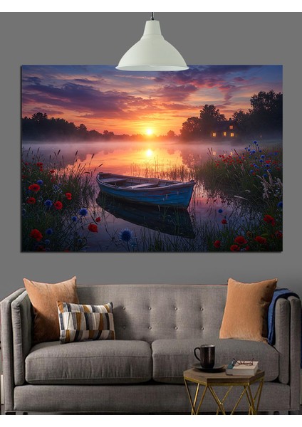Denizde Tekne Gün Batımı Dekoratif Kanvas - Mdf Ahşap Tablo