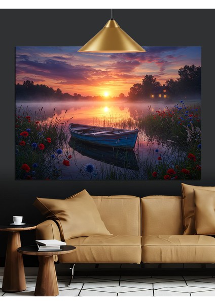 Denizde Tekne Gün Batımı Dekoratif Kanvas - Mdf Ahşap Tablo fırsatları