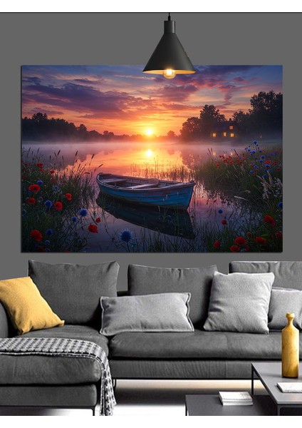 Denizde Tekne Gün Batımı Dekoratif Kanvas - Mdf Ahşap Tablo indirimleri