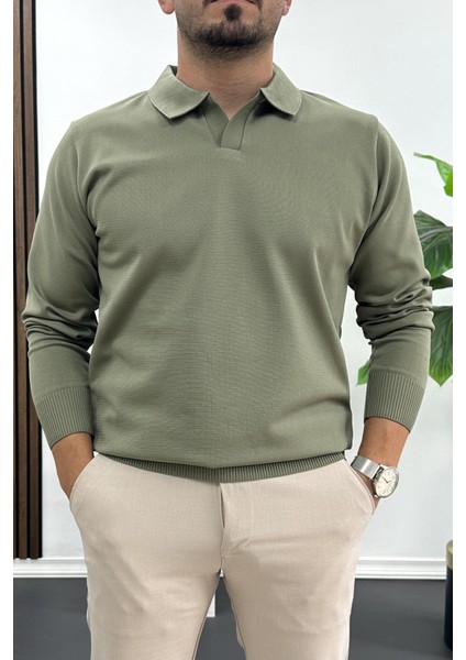 Erkek Açık Yaka Düz Desen Normal Kalıp Kazak Haki EDW423