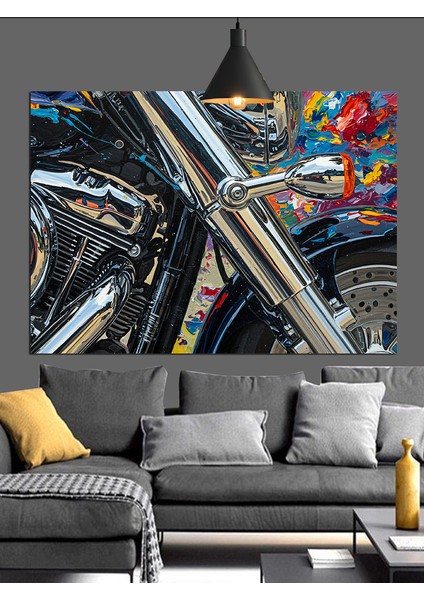 Krom Detaylı Motosiklet Dekoratif Kanvas - Mdf Ahşap Tablo
