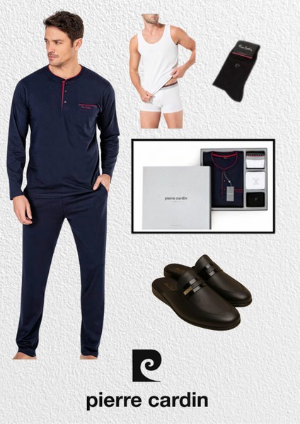 Erkek Giyim Kutulu Çeyizlik Hediyelik Penye Pijama Takımı & Atlet - Boxer & Çorap & Deri Terlik Set