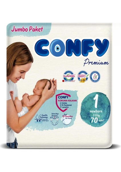 Confy Premium Yenidoğan Bebek Bezi 1 Numara | 2-5 kg | 70 Adet | Ekonomik Paket