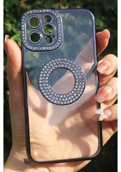 13 Pro Ile Uyumlu Taşlı Parlak Logo Açık Kadın Kılıf Kapak (Siyah)