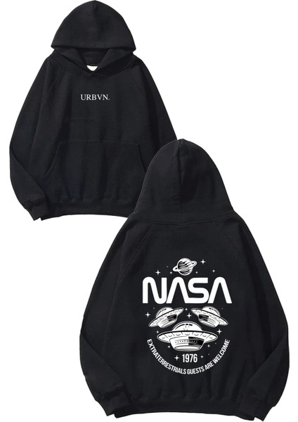 Nasa Alien Tasarım Baskılı Oversize Siyah Kapüşonlu Sweatshirt