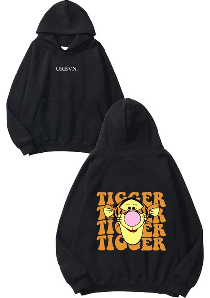 Tigger Yüz Tasarım Baskılı Oversize Siyah Kapüşonlu Sweatshirt