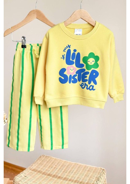 Lil Sister Papatya Detaylı Çizgi Detaylı Kız Çocuk 2 li takım - Sarı