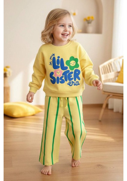 Lil Sister Papatya Detaylı Çizgi Detaylı Kız Çocuk 2 li takım - Sarı modelleri