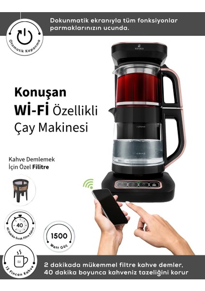 Çaysever Apple-Android Kablosuz Wi-Fi Kontrol Konuşan Cam Çay Makinesi Rosegold-Uzaktan Çay ve Filitre Kahve Demle