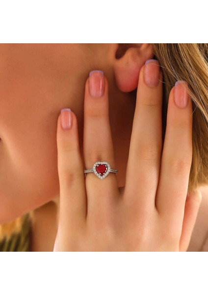 Gümüş Kırmızı Taşlı Kalpli Kadın Yüzük - 15 fiyatları