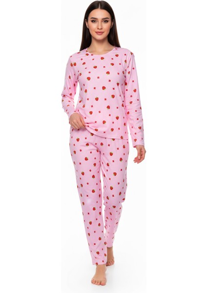 Bisiklet Yaka Süet Pijama Takımı 6001 Çilekli