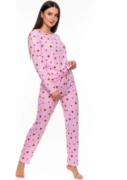 Bisiklet Yaka Süet Pijama Takımı 6001 Çilekli modelleri