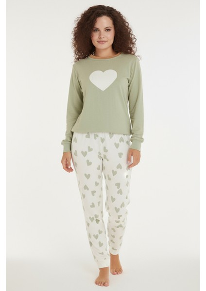 Luxury Thermal Büyük Kalp Desenli Kadın Polar Kışlık Pijama Takımı – 42047