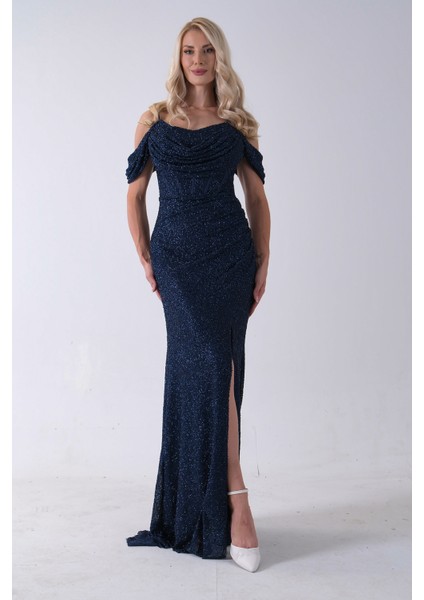 Lacivert Düşük Omuz Yırtmaç Detaylı Pul Payet Abiye 9705646.02