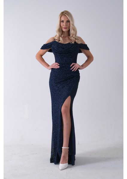 Lacivert Düşük Omuz Yırtmaç Detaylı Pul Payet Abiye 9705646.02 fiyatları