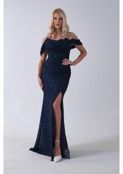 Lacivert Düşük Omuz Yırtmaç Detaylı Pul Payet Abiye 9705646.02 modelleri