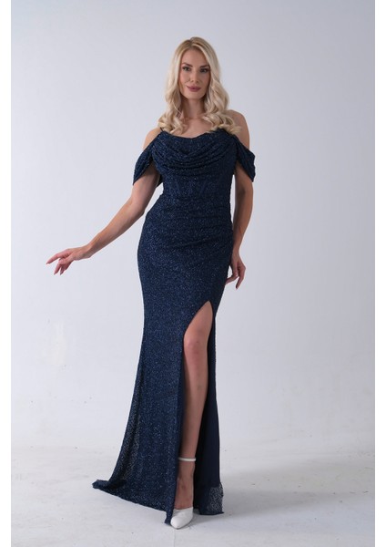 Lacivert Düşük Omuz Yırtmaç Detaylı Pul Payet Abiye 9705646.02 indirimleri