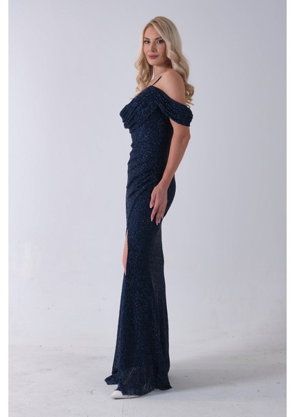 Lacivert Düşük Omuz Yırtmaç Detaylı Pul Payet Abiye 9705646.02