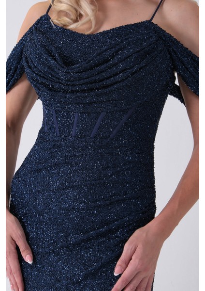 Lacivert Düşük Omuz Yırtmaç Detaylı Pul Payet Abiye 9705646.02