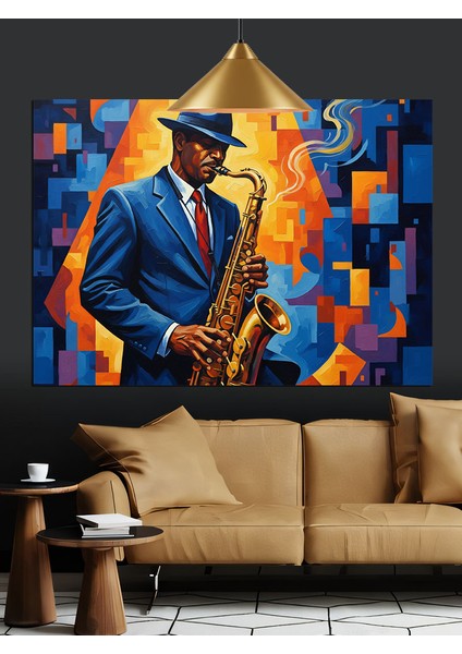 Saksofon Çalan Mavi Elbiseli Adam Dekoratif Kanvas - Mdf Ahşap Tablo