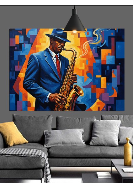 Saksofon Çalan Mavi Elbiseli Adam Dekoratif Kanvas - Mdf Ahşap Tablo fiyatları