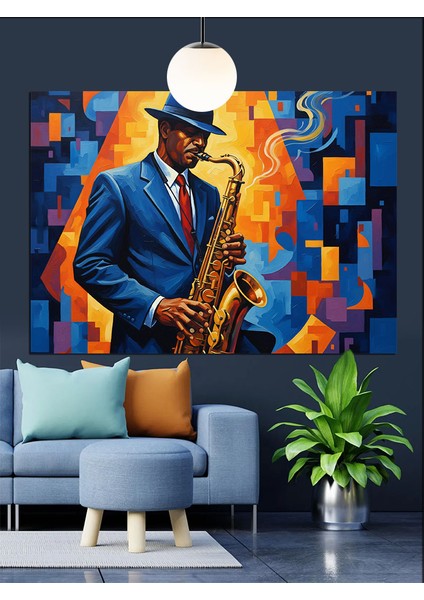 Saksofon Çalan Mavi Elbiseli Adam Dekoratif Kanvas - Mdf Ahşap Tablo indirimleri