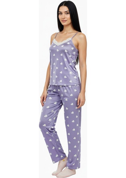 Altı Uzun Ip Askılı Yumuşak Kalp Desenli Mor Pijama Takımı