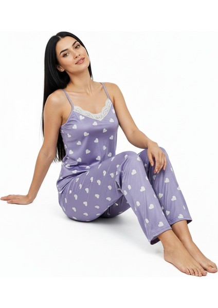 Altı Uzun Ip Askılı Yumuşak Kalp Desenli Mor Pijama Takımı fiyatları