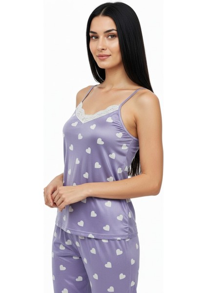 Altı Uzun Ip Askılı Yumuşak Kalp Desenli Mor Pijama Takımı modelleri