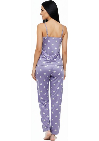 Altı Uzun Ip Askılı Yumuşak Kalp Desenli Mor Pijama Takımı indirimleri