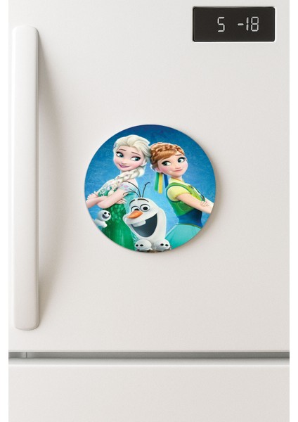 Desenli Temalı Yuvarlak Buzdolabı Magnet – 10X10 cm Elsa-Anna-Olaf