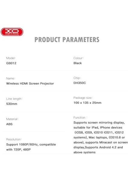 Xo Is Beauty Kablosuz HDMI Ekran Aktarım Dongle GB012, 1080P@60Hz, 2.4 Ghz Wlan, Dlna/airplay/miracast Ile Uyumlu, /ios/windows Ile Uyumlu, Siyah modelleri