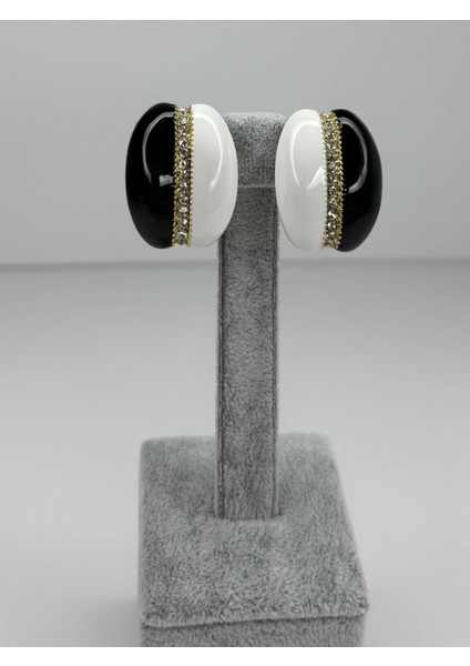 Siyah ve Beyaz Renkli Altın Taşlı Detaylı Büyük Küpe fiyatları