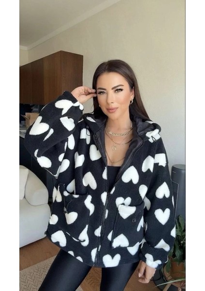 Kalpli Peluş Ceket Içi Astarlı Siyahbeyaz