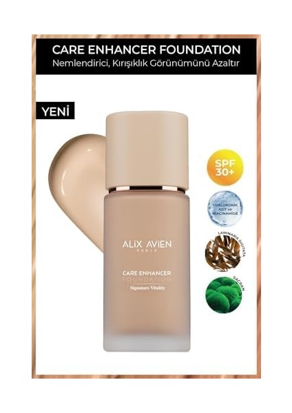 Alix Avien Kırışıklık Karşıtı Nemlendirici SPF30 Parlak Bitişli Fondöten Care Enhancer 804 Pale Ivory