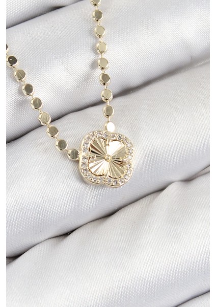 Bfs Pirinç Zirkon Taşlı Yonca Model Ezme Zincir Gold Renk Kadın Kolye