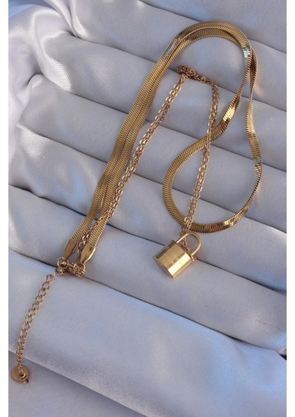 Bfs 316L Çelik Gold Renk Çift Zincir Kilit Model Kolye fiyatları