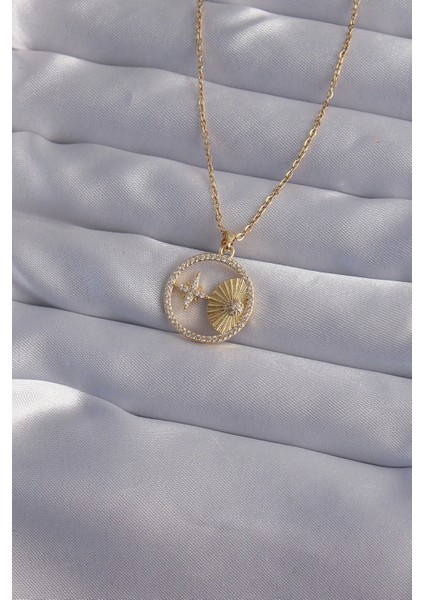 Bfs 316L Çelik Zincir Gold Renk Zirkon Taşlı Yıldız Figürlü Oval Kolye