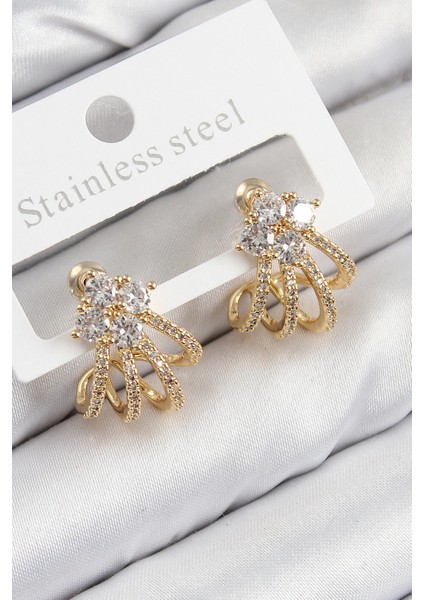 Bfs Pirinç Zirkon Taşlı Model Gold Renk Kadın Küpe