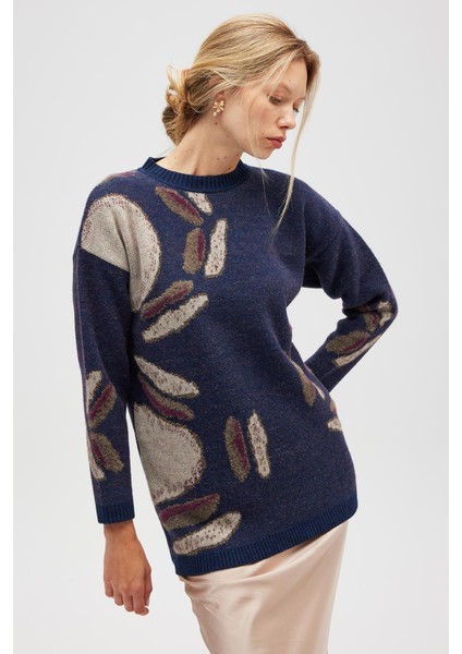 Saori Jakarlı Kadın Uzun Triko Tunik - Indigo Multi fiyatları