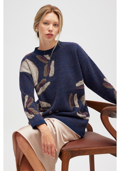 Saori Jakarlı Kadın Uzun Triko Tunik - Indigo Multi modelleri