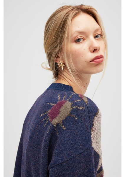 Saori Jakarlı Kadın Uzun Triko Tunik - Indigo Multi fırsatları