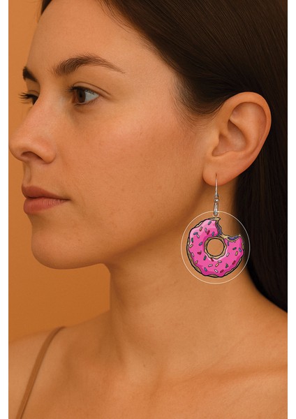 Kadın Küpe Temalı Motifli Gümüş Kancalı Yuvarlak Şeffaf Küpe Donut