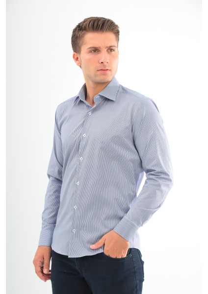 Slimfit Lacivert Çizgili Erkek Gömlek Likralı Dar Kesim Yapısıyla AS0742069-02