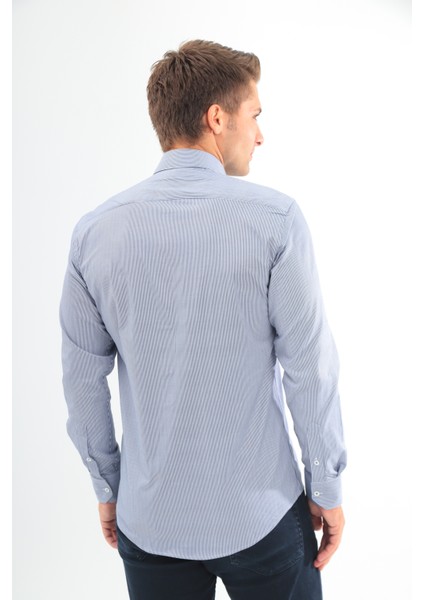 Slimfit Lacivert Çizgili Erkek Gömlek Likralı Dar Kesim Yapısıyla AS0742069-02 modelleri