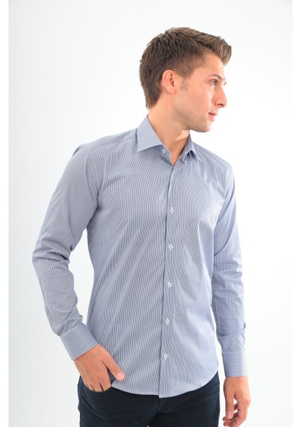 Slimfit Lacivert Çizgili Erkek Gömlek Likralı Dar Kesim Yapısıyla AS0742069-02 indirimleri