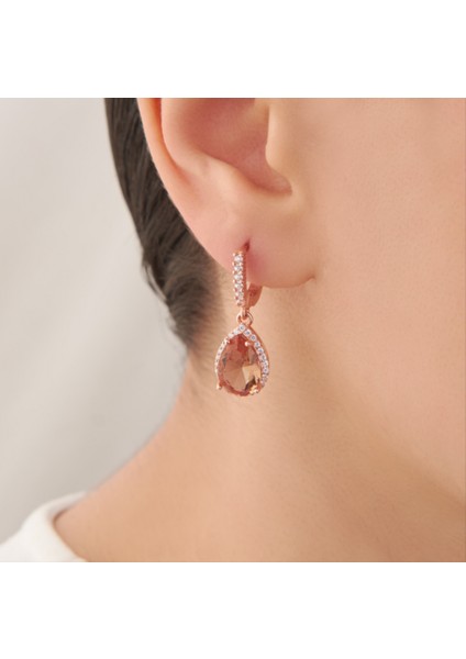 925 Ayar Rose Kaplama Damla Zultanit Taşlı Gümüş Küpe